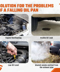 Diagram showing solutions for oil pan issues: engine overheating, visible oil leak, low oil level, and blue smoke from exhaust.