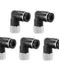 Five Pack Pro Grade Pneumatic Female Elbow Fittings One Quarter Inch Tube Outer Diameter By One Eighth Inch NPT 90 Degree Push To Connect