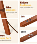 Wood Tripod Floor Lamp With Mid Century Vibe wiring harness, hidden fasteners, brown power cord, flaxen linen shade detail