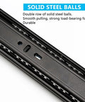 Close-up of heavy duty 12 inch full extension drawer slides with ball bearing side mount rails featuring solid steel balls for kitchen cabinets.