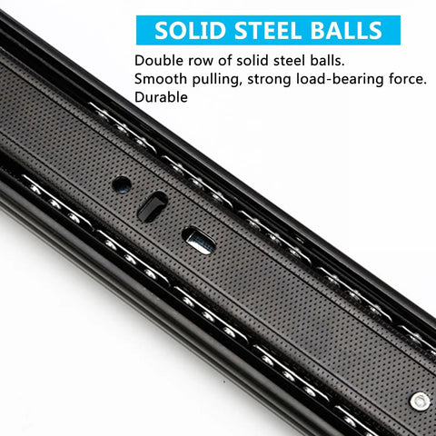 Close-up of heavy duty 12 inch full extension drawer slides with ball bearing side mount rails featuring solid steel balls for kitchen cabinets.