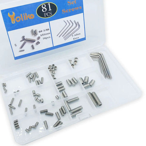 81 Piece Hex Socket Set Screw Kit With 5 Allen Keys, 304 Stainless Steel Full Thread Cup Point Grub Screws, Includes 6 32 8 32 10 32 1 4 20 5 16 18 1 2 20 Thread Sizes, Great For DIY Projects And Machinist Tool Kits