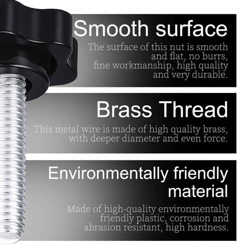 Close-up of 12 Pack 1/4-20 Black Star Knobs With Grippy Knurled Hand Grip, featuring brass thread and durable material.