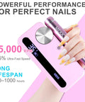 Top Shelf Pro Grade Nail Drill Electric File For Acrylic Gel Polish Killer 35000Rpm Torque With Lcd Screen shown in pink with hand.