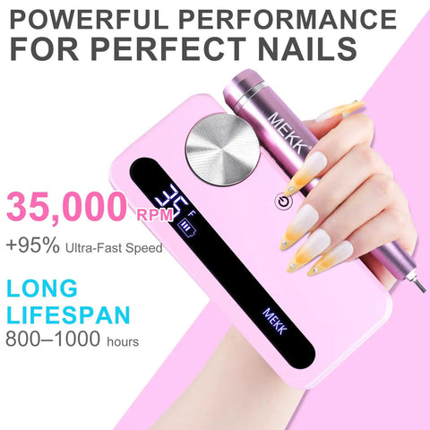 Top Shelf Pro Grade Nail Drill Electric File For Acrylic Gel Polish Killer 35000Rpm Torque With Lcd Screen shown in pink with hand.
