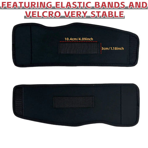 Neoprene Bike Pedal Covers Set Durable Pedal Sleeves showing elastic bands and Velcro, size details on black background