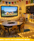 Two Pack Outdoor String Lights Battery Operated, 66 Ft Total, 200 LED Fairy Lights With Remote in a classroom setting