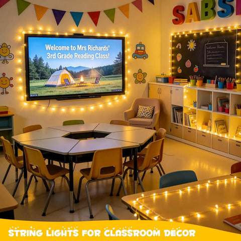 Two Pack Outdoor String Lights Battery Operated, 66 Ft Total, 200 LED Fairy Lights With Remote in a classroom setting