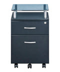Heavy Duty Two Drawer Rolling File Cabinet With Secure Lock And Sleek Glass Top Fits Under Desk Smooth Chrome Glide Wheels Graphite Finish front view.