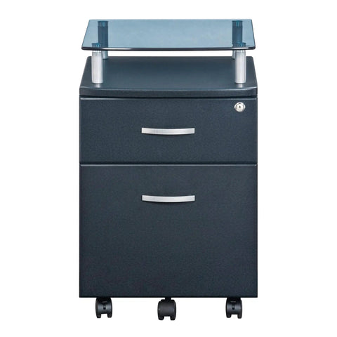 Heavy Duty Two Drawer Rolling File Cabinet With Secure Lock And Sleek Glass Top Fits Under Desk Smooth Chrome Glide Wheels Graphite Finish front view.