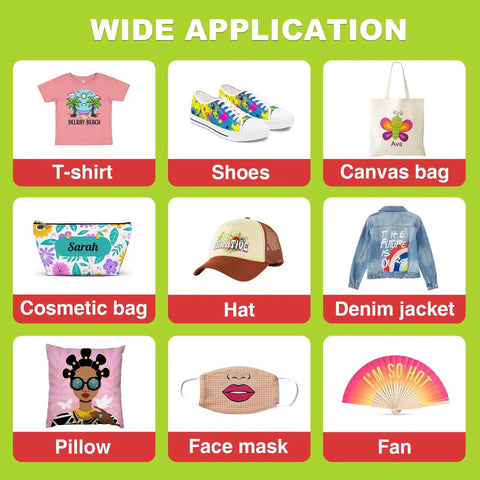 Wide application of Upgraded DTF Paper Roll 8.3 By 328 Feet For Dark And Light T Shirts on various items like T-shirt, shoes, and hat.
