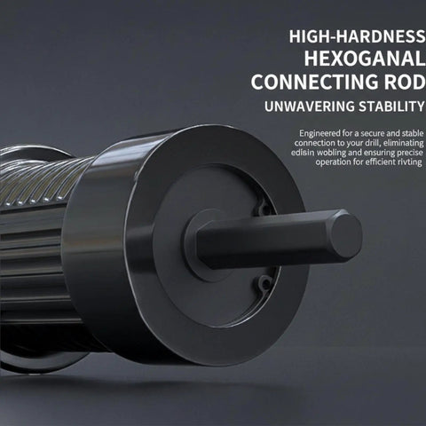 Electric Rivet Gun Adapter Kit With Removable Handle And Four Interchangeable Rivet Heads close-up of hexagonal connecting rod for stability.