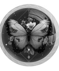 4 Pcs 1.37 Inch Round Glass Cabinet Knobs Black Butterfly Design with intricate butterfly art and floral details.
