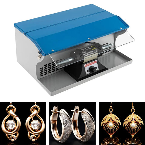 Pro Level Jewelry Bench Polisher Featuring A Beefy 200 Watt Motor Cranking 10000 Rpm With Foolproof Speed Lever Integrated Dust Catcher And Bright LED Lamp For Metal Wood Crafting Hustles And Shop Tasks with earrings displayed.