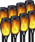 Outdoor Solar Tiki Torch Lights With Realistic Flickering Flame, 8 Pack Waterproof Pathway Garden Candles For Patio Yard Walkway Halloween Decor, Wireless No Wiring Needed For Easy Setup And Nighttime Ambience, showing close-up view of torches with flame effects.