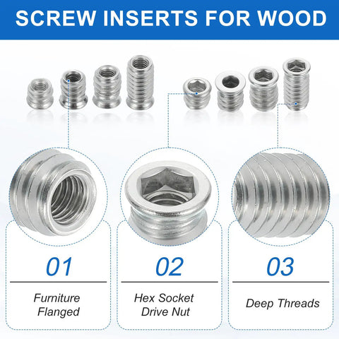 Rugged Wood Threaded Insert Nuts M6x15mm Hex Socket Drive 304 Stainless Steel Set Of 12 For Cabinets Desks Tables Chairs