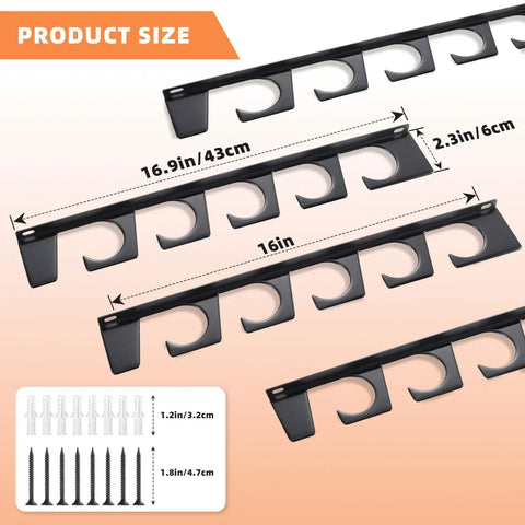 Product size details of Heavy Duty Fishing Rod Rack Wall Or Ceiling Mount Set Holds Up To 10 Rods, shown with dimensions and screws
