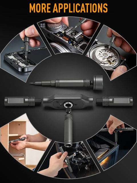 78 In 1 Magnetic Ratchet Screwdriver Set With Detachable T Handle And Diamond Faceted Grip being used in various applications like electronics and furniture assembly.