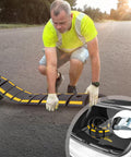 Man installing Heavy Duty Rubber Speed Bump 6.4 Ft Portable For Driveways And Roads, illustration of storage and accessories
