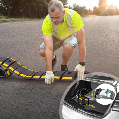 Man installing Heavy Duty Rubber Speed Bump 6.4 Ft Portable For Driveways And Roads, illustration of storage and accessories