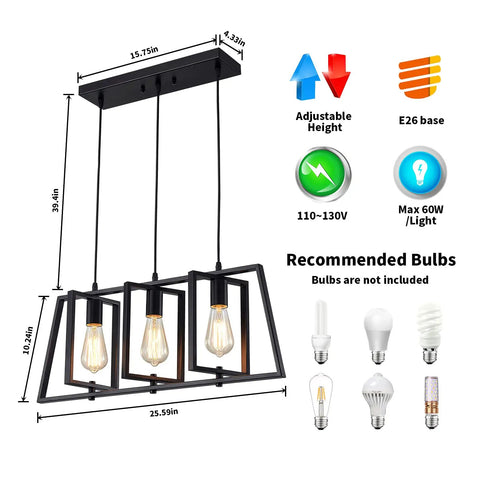 Modern Industrial 3-Light Pendant Light Fixture With Adjustable Height, Matte Black Cage Over Table Dining Room Kitchen Island, Open Rectangular Frame, Dope Living Room Foyer Lighting