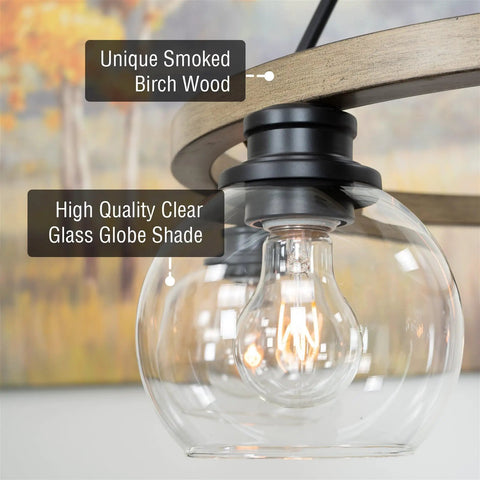Close-up of Elwood 25-Inch 5-Light Industrial Rustic Wagon Wheel Chandelier With Clear Glass Globe Shades And Smoked Birch Finish