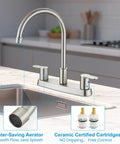 Top Shelf 8 Inch Centerset Kitchen Faucet With Dual Handles And High Arc 360 Swivel Spout In Sleek Brushed Nickel, water-saving aerator shown.