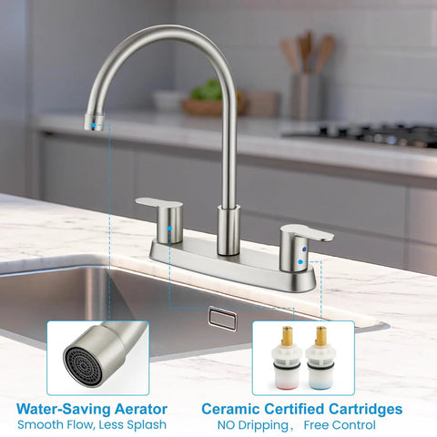 Top Shelf 8 Inch Centerset Kitchen Faucet With Dual Handles And High Arc 360 Swivel Spout In Sleek Brushed Nickel, water-saving aerator shown.