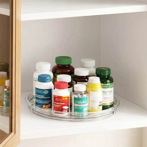 2 Pack 9 Inch Clear Lazy Susan Turntables For Cabinet Fridge Kitchen Pantry Storage Super Handy Organizers For Spices Seasonings Condiments And Everyday Kitchen Organization on a shelf with jars.