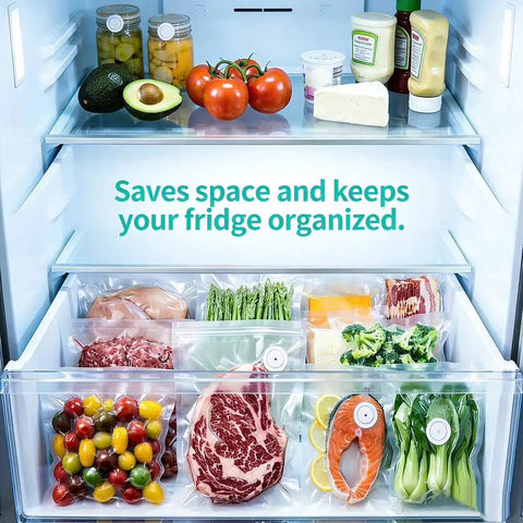 Open fridge with Compact Food Vacuum Sealer With 60kPa Power, Rechargeable Handheld Kitchen Saver Includes 35 Reusable Bags