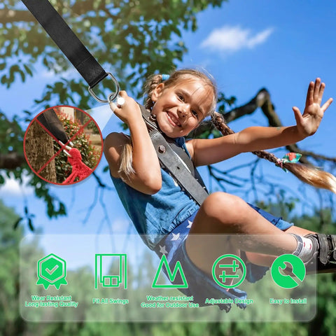 Child swinging with Heavy Duty Tree Swing Straps Kit 2200 Lb Capacity, 5 Ft Extra Long Straps With Safe Lock Carabiner Hooks