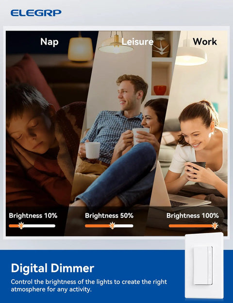 Matte White Led Dimmer Light Switch Featuring Buttery Smooth Fade On Curves And Digital Mcu Engineering To Shield Your Bulbs While Running Single Pole Or 3 Way Lines For A Sleek Tight Electrical Facelift in a home setting with adjustable brightness.