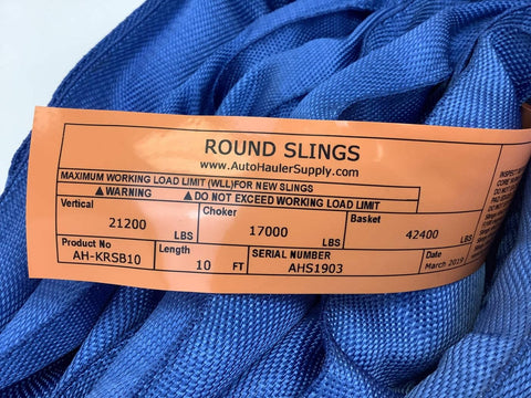 Label of Blue 10 Ft Endless Round Sling 21200 Lb Vertical WLL And 42400 Lb Basket Capacity Heavy Duty Lifting Strap