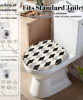 Round Black white checkered Toilet Seat installed on a standard toilet, showcasing its durable construction and adjustable hinges.