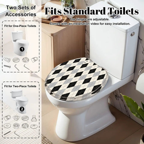 Round Black white checkered Toilet Seat installed on a standard toilet, showcasing its durable construction and adjustable hinges.