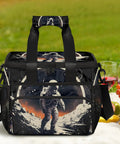 Insulated Picnic Backpack With Lunch Box For Women And Men, spacious 12 by 8.7 by 10 inch tote with astronaut design on blanket.