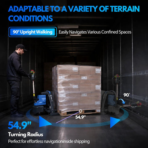 Heavy Duty 4400 Lb Capacity Electric Pallet Jack With Dual Safety System And Emergency Reverse Switch For Tough Warehouse Jobs and Forklift Replacement Needs navigating tight spaces with a 54.9-inch turning radius.