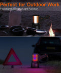 Rechargeable Spotlight Beast With 2,000,000 Lumens Handheld Large Flashlight illuminating campsite with side flood light.