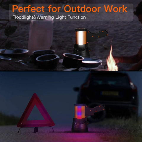 Rechargeable Spotlight Beast With 2,000,000 Lumens Handheld Large Flashlight illuminating campsite with side flood light.