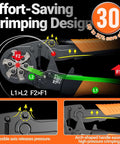 Effort-saving design of All In One Ferrule Crimping Tool Kit with wire stripper, showing flexible axis and arch-shaped handle for ease.