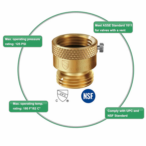 5 Pack Lead Free Brass 3/4 Inch MHT Hose Bibb Connector Backflow Preventer Vacuum Breaker Anti Siphon Fitting With Extra Set Screws