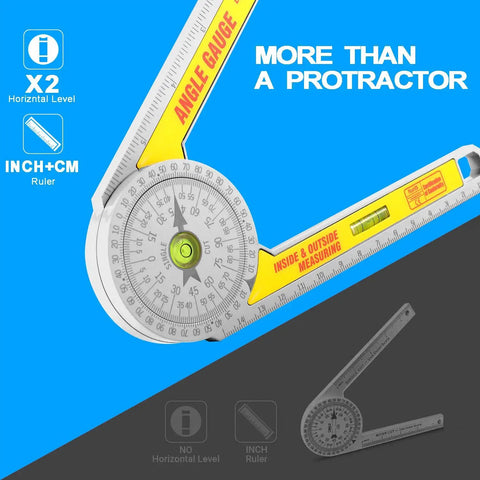 Job Site Ready Miter Saw Protractor And Angle Finder Ruler Featuring 360 Degree Gauge Scale With Dual Bubble Level for precise angle measuring.