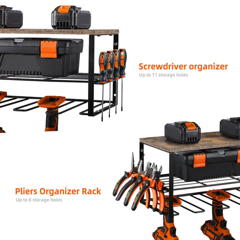 2 Pack Power Tool Organizer Wall Mount Kit For Garage Storage showing heavy-duty steel frame with wood top, screwdriver and pliers organizers.