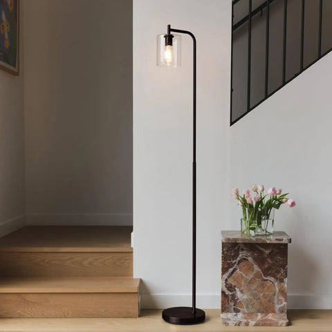 Tall Edison Bulb Floor Lamp With Glass Shade In Bronze Finish, Industrial Vintage Farmhouse Style Standing Light For Living Room