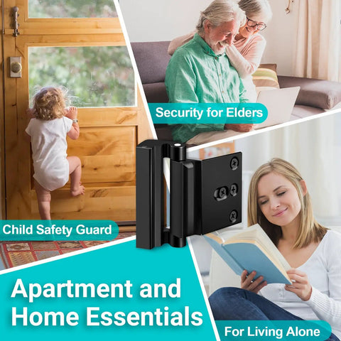 Heavy Duty Home Security Door Reinforcement Lock For Front Door Kid Safe And Kickproof Withstanding 800 Lbs Of Force Metal Deadbolt And Extra Flip Latch Secure Inside Door For Peace Of Mind Home Defender shown in various home settings