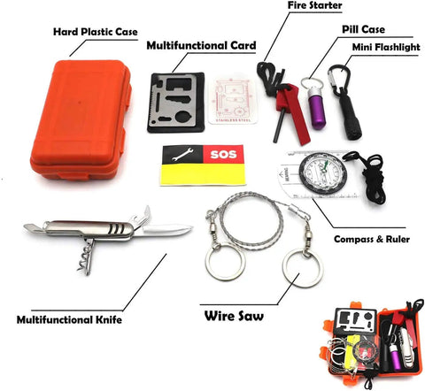 8 in 1 Emergency Gear Survival Kit For Outdoors And Adventures items including knife, compass, flashlight, and SOS box