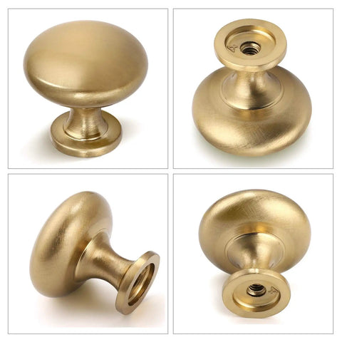 Four views of Six Pack Solid Zinc Alloy Cabinet Knobs 1.2 Inch Diameter Warm Gold Champagne Bronze Antique Brass Euro Style Dresser Knobs.