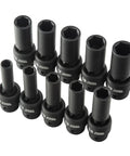 Ten Piece One Half Inch Drive Deep Universal Metric Impact Socket Set With Radius Corner Design, CR MO Alloy Steel arranged in rows