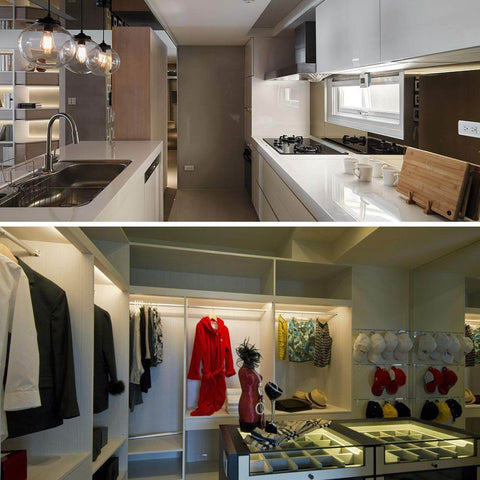Modern kitchen and walk-in closet showcasing 1Ft T5 T8 LED Tube Light Extension Cords With 3 Prong Power Cable Linkable Connector Easy Setup For Integrated Fixtures Perfect For Shop Garage Lights And Under Cabinet Lighting Pack Of 2 installed