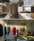 Modern kitchen and closet space with integrated LED lighting fixtures and stylish design